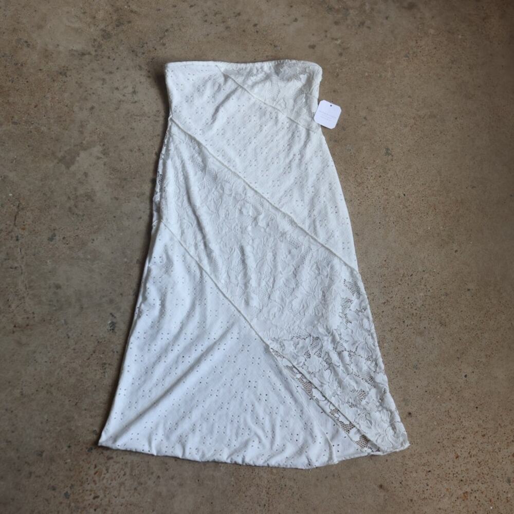 Altar'd State Strapless White Eyelet Lace Midi Dress NWT Slit Cottagecore Size M